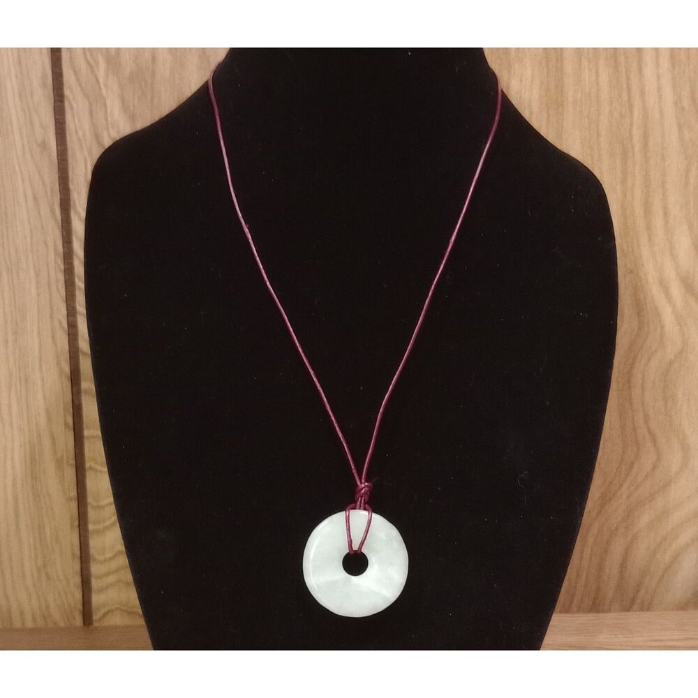 Vintage Natural Stone Jadeite Donut Disc Pendant 22" Leather Cord Necklace